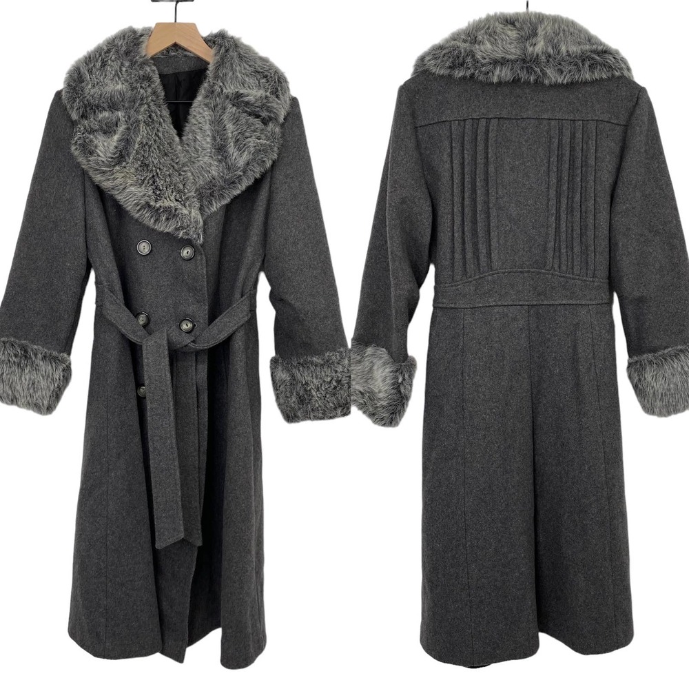 Vintage Wool Double Breasted Princess Coat Faux Fur Trim Union Made Womens Large